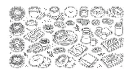 Hand-drawn bagel breakfast vector set, delicious baked goods and cream cheese spread, vintage line art illustration for bakery menus and cafe branding © Nasra