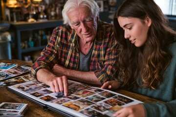 Fototapeta premium Older man and teenage girl looking through family photo album together