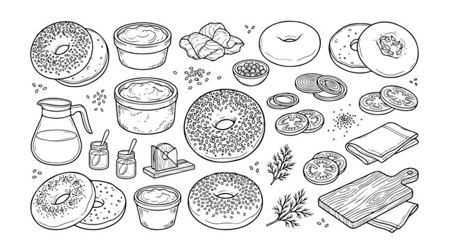 Hand-drawn bagel breakfast vector set, delicious morning meal ingredients, fresh baked goods, cream cheese, butter, and sliced tomatoes, perfect for menu design and food illustrations