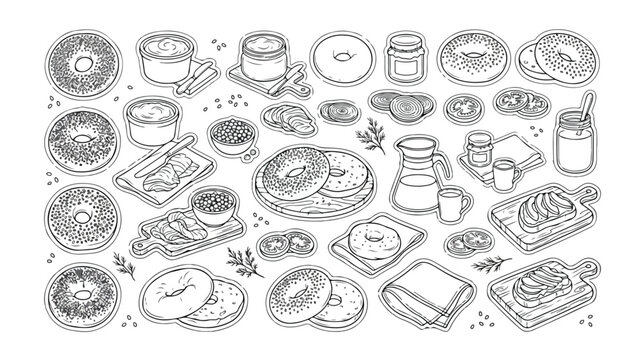 Hand-drawn bagel breakfast vector set, delicious baked goods and cream cheese spread, vintage line art illustration for bakery menus and cafe branding