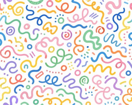 Seamless pattern with hand drawn colorful doodles squiggles and abstract shapes on white background