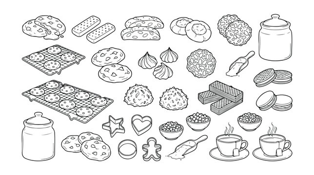 Delicious homemade cookie and pastry vector icon set, featuring baked goods, tea, and baking tools. A sweet dessert collection for cafes, bakeries, and food-related designs.