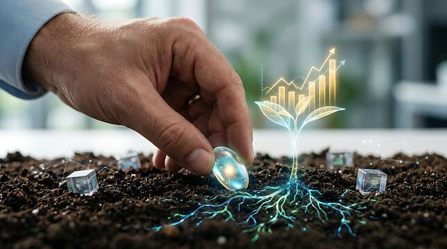 Investor planting a seed representing a digital financial growth concept with holographic stock charts and data cubes in soil.