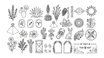 Boho mystical vector icon set, hand-drawn celestial and botanical elements, desert plants, zodiac symbols, and esoteric illustrations for spiritual designs © Nasra