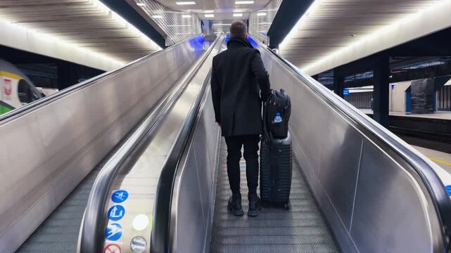 Businessman with luggage on moving walkway at Warsaw train station.