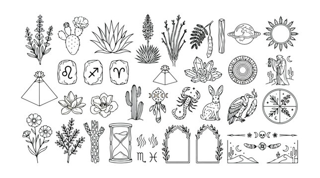 Boho mystical vector icon set, hand-drawn celestial and botanical elements, desert plants, zodiac symbols, and esoteric illustrations for spiritual designs