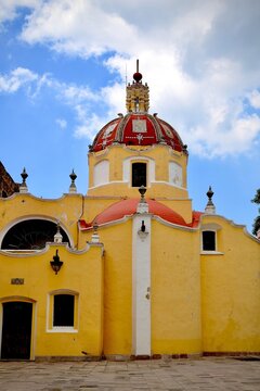 Yellow Church with Red Tile Dome and Decorative Murals (Toluca, Estado de Mexico, Mexico)