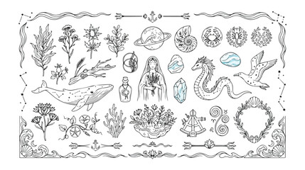 Mystical Ocean Vector Icon Set, Hand-Drawn Marine Life and Celestial Elements, Enchanting Underwater World Graphics, Fantasy Sea Creatures and Botanical Illustrations for Digital Projects © Nasra