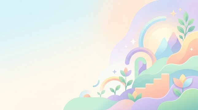 Abstract pastel paper cut landscape with mountains and stairs featuring wide copy space for presentation