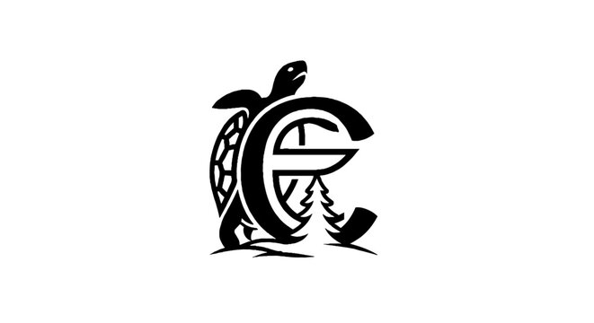 Black and white turtle logo with mountain design.
