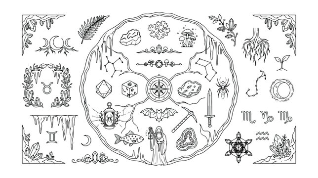 Fantasy RPG Game Asset Vector Collection, mystical adventure elements, magical lore icons, celestial zodiac symbols, and nature-inspired decorative illustrations for gaming and storytelling