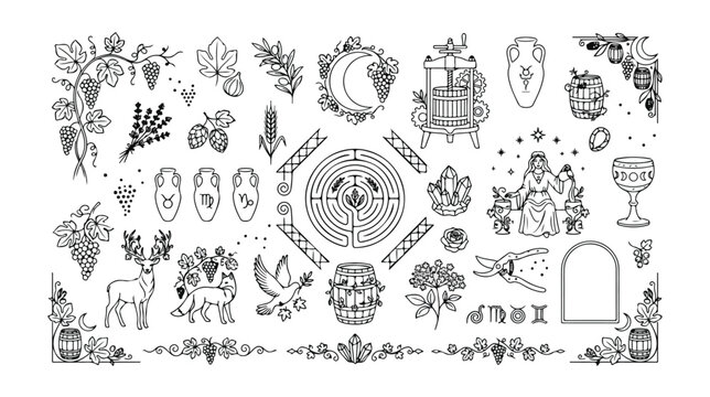 Monochrome Winery and Vineyard Vector Icon Set, 40+ Hand-Drawn Grape Harvest and Winemaking Elements, Mythological Figures, and Decorative Ornaments for Wine Labels and Branding