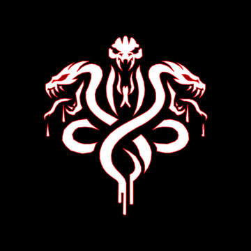 Intense white and red multi-headed snake or hydra monster illustration with fangs and dripping venom, designed for gaming team logos, t-shirts, or gothic branding.