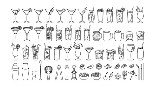 Hand-drawn cocktail icons, a comprehensive vector set of bar drinks and mixology tools. Outline illustrations for menus, apps, and beverage branding.