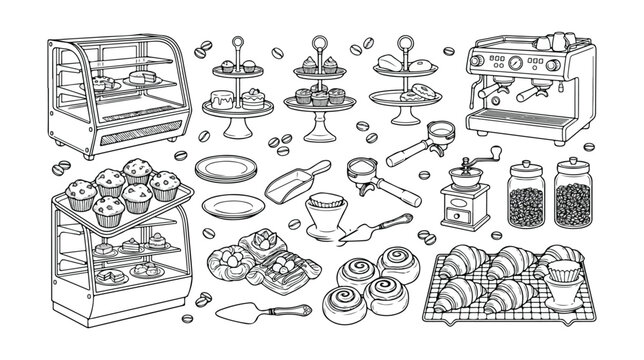 Bakery and Coffee Shop Line Art Vector Set, Hand-Drawn Pastry and Dessert Collection, Cafe Equipment and Sweet Treats Illustration Pack for Menu Design and Branding