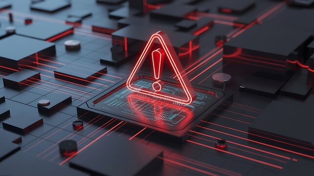A neon red warning sign on a futuristic circuit board with glowing red lines and codes