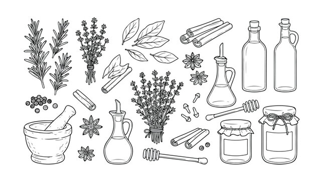 Hand-drawn culinary herbs and spices vector collection, aromatic cooking ingredients, natural food flavorings, kitchen essentials, and organic condiments set
