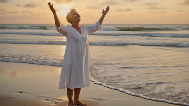 Mature Woman with Short Hair Stands Worshiping on the Beach at Golden Hour