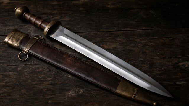 Roman short sword resting on a worn leather scabbard on dark wood.