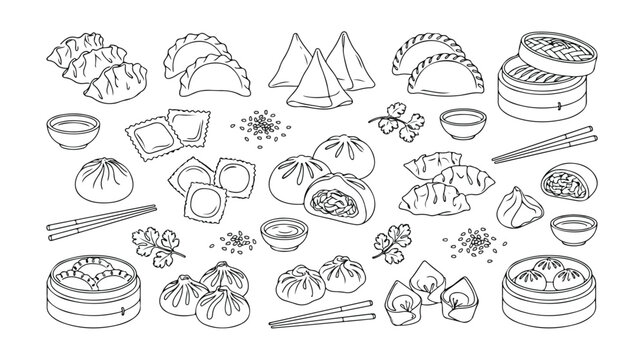 Asian food vector line art collection, hand-drawn Chinese dim sum and dumplings, traditional oriental cuisine, restaurant menu design elements, black and white outline illustrations