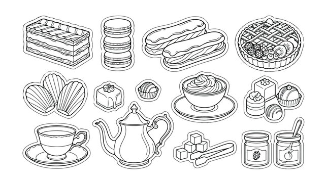 French bakery dessert vector icon set, elegant patisserie sweets collection, classic cafe treats, delicious pastries, and tea time elements for menu design and culinary projects.
