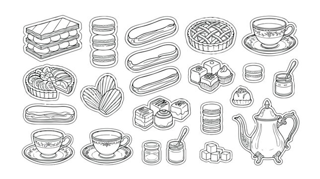 Elegant French Patisserie Dessert Collection, Hand-Drawn Vector Outline Set. Classic European Bakery Treats, Coffee, and Tea Time Elements for Menus, Invitations, and Branding.