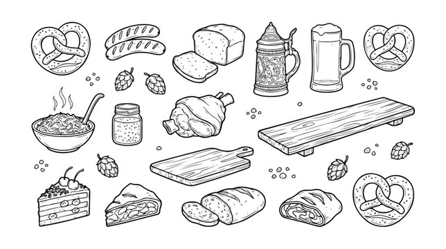 Oktoberfest food and drink vector collection, traditional German cuisine elements, beer festival snacks and meals, Bavarian celebration graphic assets