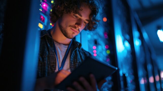 Young IT technician using a tablet in a server room, monitoring network systems and data center operations with advanced technology and cybersecurity infrastructure.