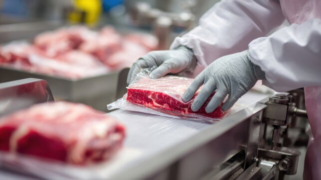 Worker packaging fresh beef in a food processing facility, ensuring quality control, hygiene standards, and safe meat production for distribution.