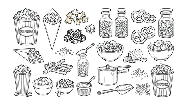 Popcorn snack vector collection, hand-drawn vintage engraving style popcorn set, cinema food and movie night treats, detailed black and white illustrations for menus and packaging