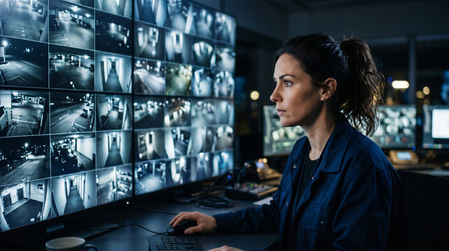 Female Security Operator Monitoring Multiple CCTV Camera Feeds in a Control Room