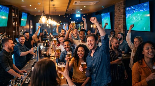 Diverse fans celebrating a goal at a crowded sports bar