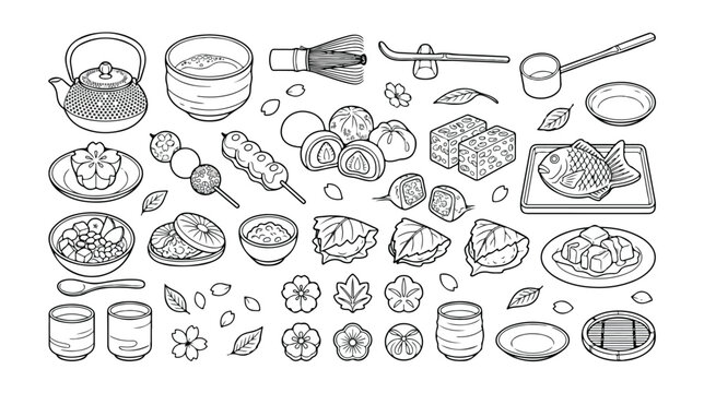 Japanese tea ceremony and wagashi dessert collection, traditional Asian sweets and matcha tea set, black and white line art vector icons for cultural design projects