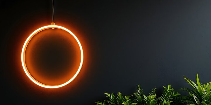Hanging illuminated orange circular neon light ring above lush green plant leaves in dark atmosphere with background lighting interior decoration abstract atmosphere minimalist