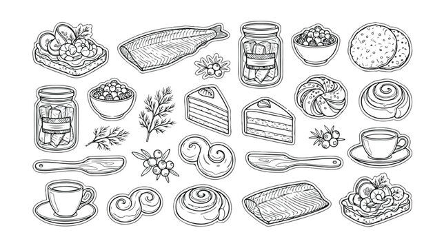 Traditional Scandinavian Food and Drink Vector Set, Hand-Drawn Engraving Style Illustrations, Nordic Cuisine Delicacies, Sweet Pastries, Savory Dishes, and Beverages for Menu Design