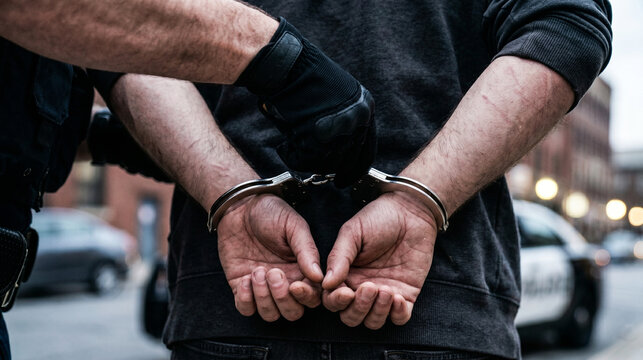 Police officer arresting a suspect with handcuffs on a city street
