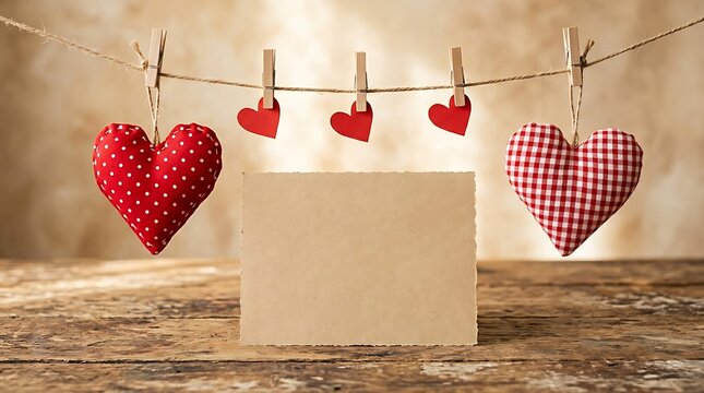 Three heart-shaped decorations hanging on string above wooden gift box in soft light