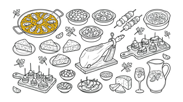 Spanish tapas vector line art collection, traditional Mediterranean cuisine, delicious paella, jamon serrano, cheese, olives, and skewers, perfect for food menus and cultural designs