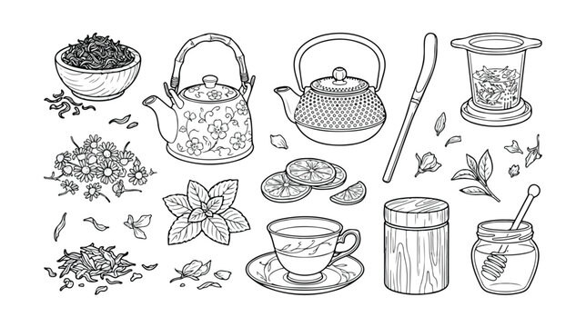 Hand-drawn tea ceremony vector collection, elegant line art illustrations of teapots, cups, herbs, and ingredients, perfect for beverage branding and wellness designs