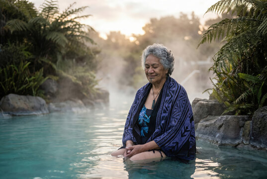 Serene senior Māori woman with a traditional moko kauae chin tattoo relaxing in a steaming geothermal hot pool