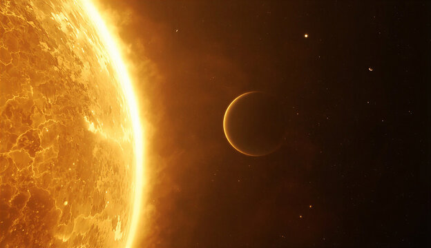  A distant sun illuminates the scene, with a planet prominently positioned in the foreground.