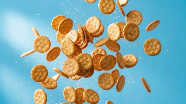A large group of crackers flying through the air against a blue background with a bright light shining through