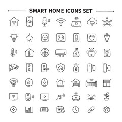 Fototapeta premium Smart home line icons set featuring home automation, IoT devices, smart lighting, voice control, smart security, connected appliances, climate control, smart locks, sensors, robot vacuum, smart