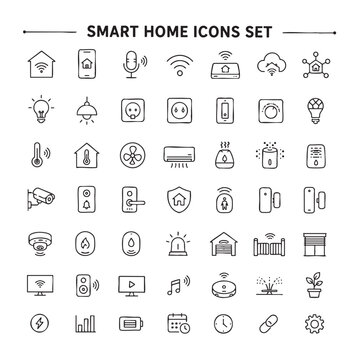 Smart home line icons set featuring home automation, IoT devices, smart lighting, voice control, smart security, connected appliances, climate control, smart locks, sensors, robot vacuum, smart