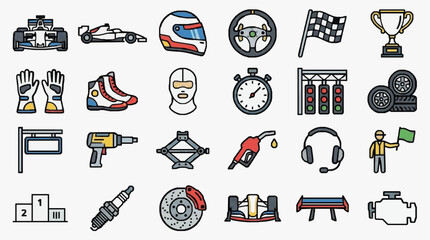 Naklejka premium Corporate Racing and Automotive Maintenance Innovation Strategy Framework with high professional line art symbols for modern creative design and digital branding projects