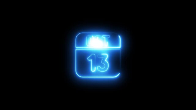 Glowing neon october 13 calendar date sign on black background