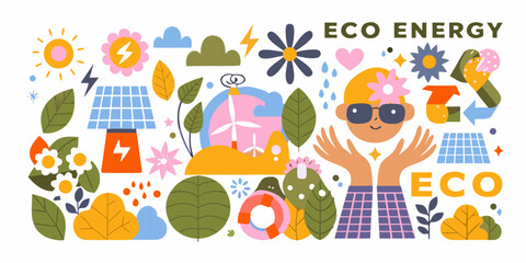 Eco energy collage illustration with sun wind turbine and foliage © Uttam
