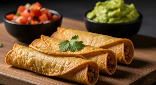 Crispy fried taquitos or flautas served with fresh pico de gallo and guacamole on a wooden board