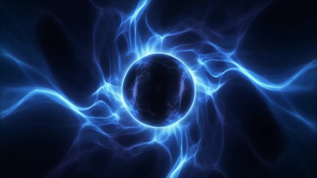 Dark glowing blue energy sphere with fluid light streams creating deep atmospheric motion. Futuristic digital portal loop with luminous structure,  blue  abstract background 4k