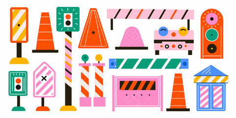 Traffic Signs And Cones Colorful Vector Illustration Collection © Uttam